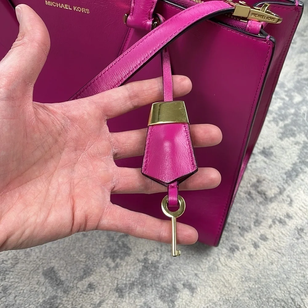 Michael Kors Collection Casey Large Leather Satchel Purse Padlock Bright Pink